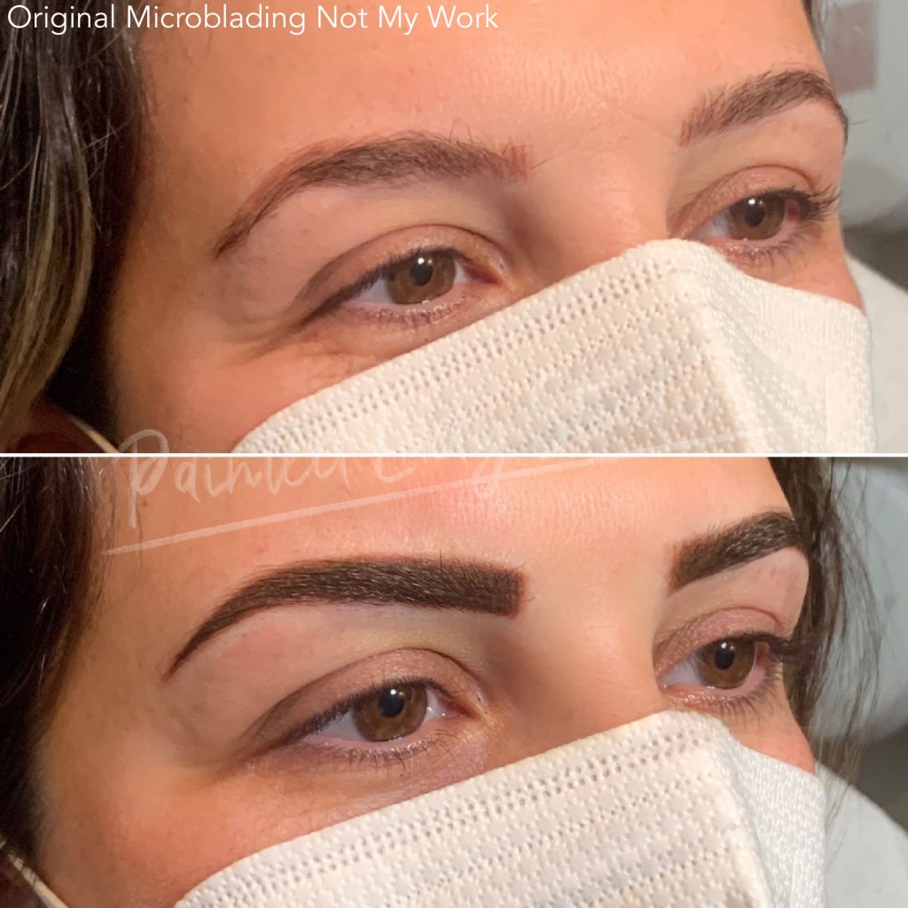 Before and after brow treatment results showing improved shape and fullness at Painted Lady Studios in Syracuse NY.