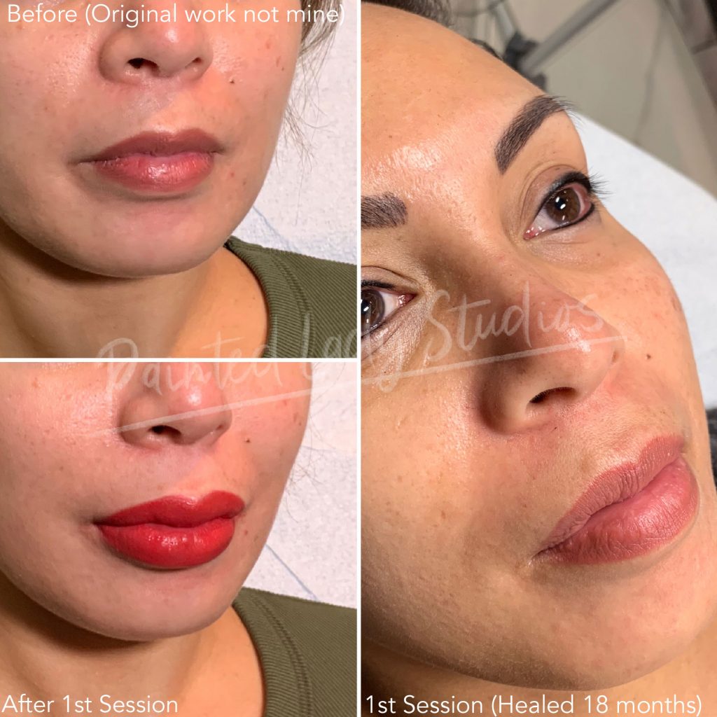 Healed lip tattoo results with natural-looking colour enhancement at Painted Lady Studios in Syracuse NY.
